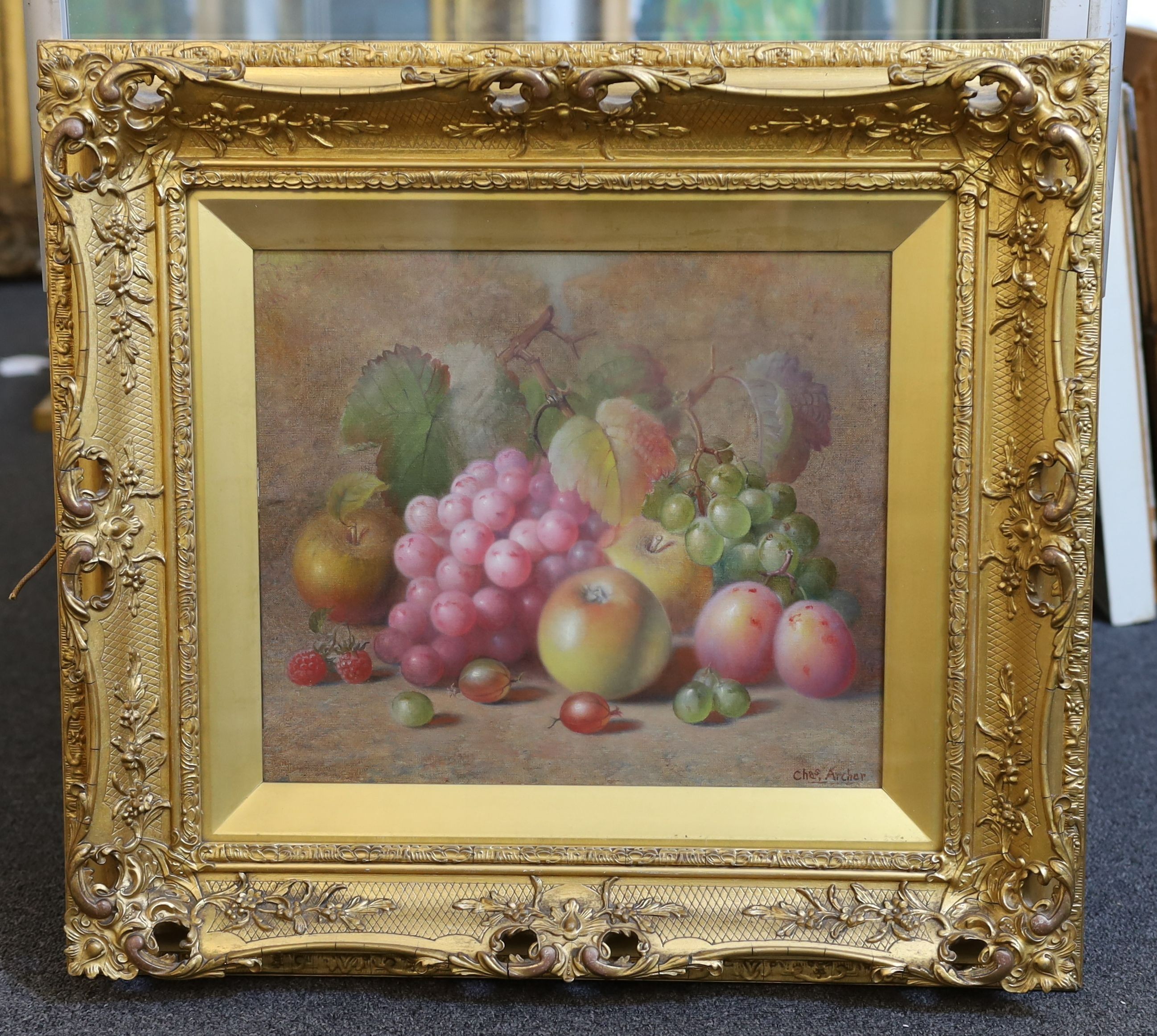 Charles Archer (1855-1931), Still life of apples, grapes, plums, gooseberries and raspberries, oil on canvas, 30 x 34cm